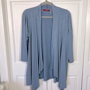 Cyrus Women's 1X, open waterfall front, 3/4 sleeve, blue heather knit jacket